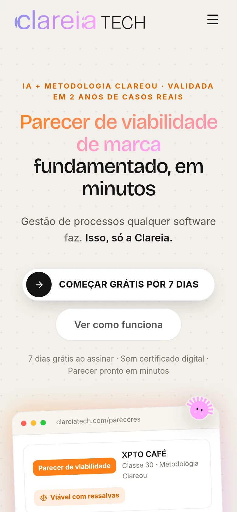 Página inicial do Clareia (clareiatech.com), em outubro de 2026